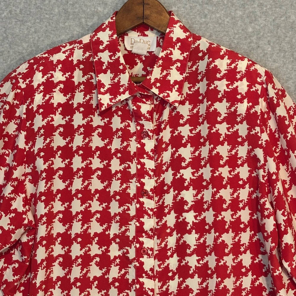 Vintage 80s Da-Rue of California Red Houndstooth Blouse Women's 16‎ Button Down - Picture 2 of 7